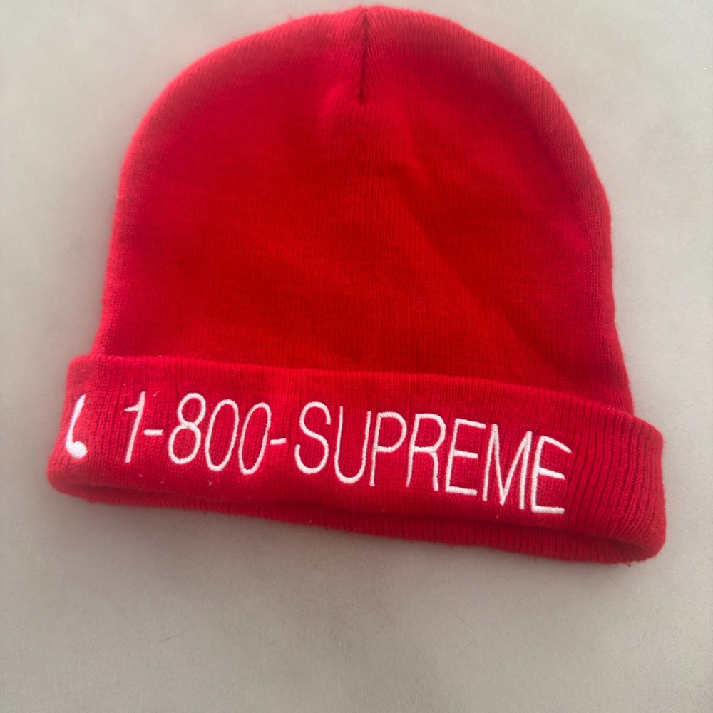 Supreme Red Kids Beanie with White 1-800-SUPREME Embroidery